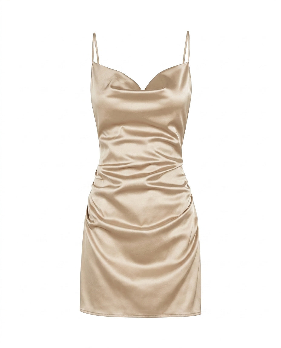 Vestido mini de satén con cuello desbocado para mujer-Mini Dress-Casaluzia