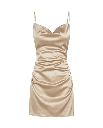 Vestido mini de satén con cuello desbocado para mujer-Mini Dress-Casaluzia