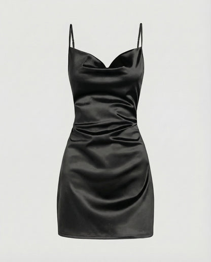 Vestido mini de satén con cuello desbocado para mujer-Mini Dress-Casaluzia