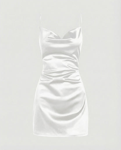 Vestido mini de satén con cuello desbocado para mujer-Mini Dress-Casaluzia