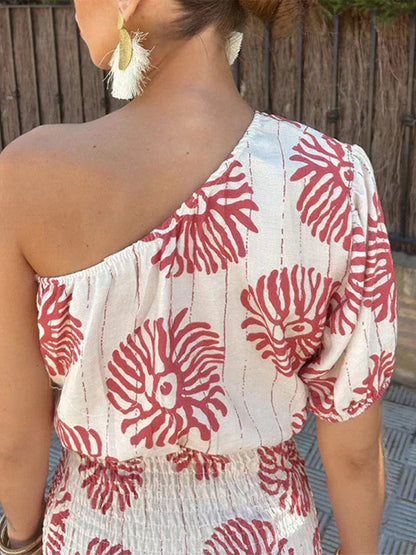 Vestido mini fruncido de un solo hombro para mujer-Mini Dress-Casaluzia