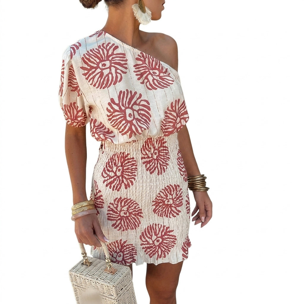 Vestido mini fruncido de un solo hombro para mujer-Mini Dress-Casaluzia