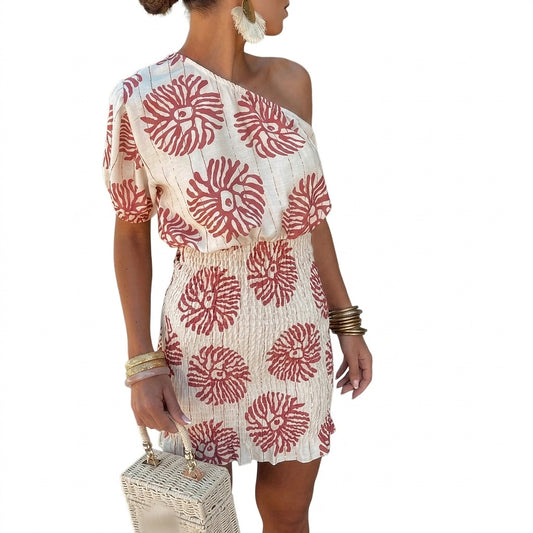Vestido mini fruncido de un solo hombro para mujer-Mini Dress-Casaluzia