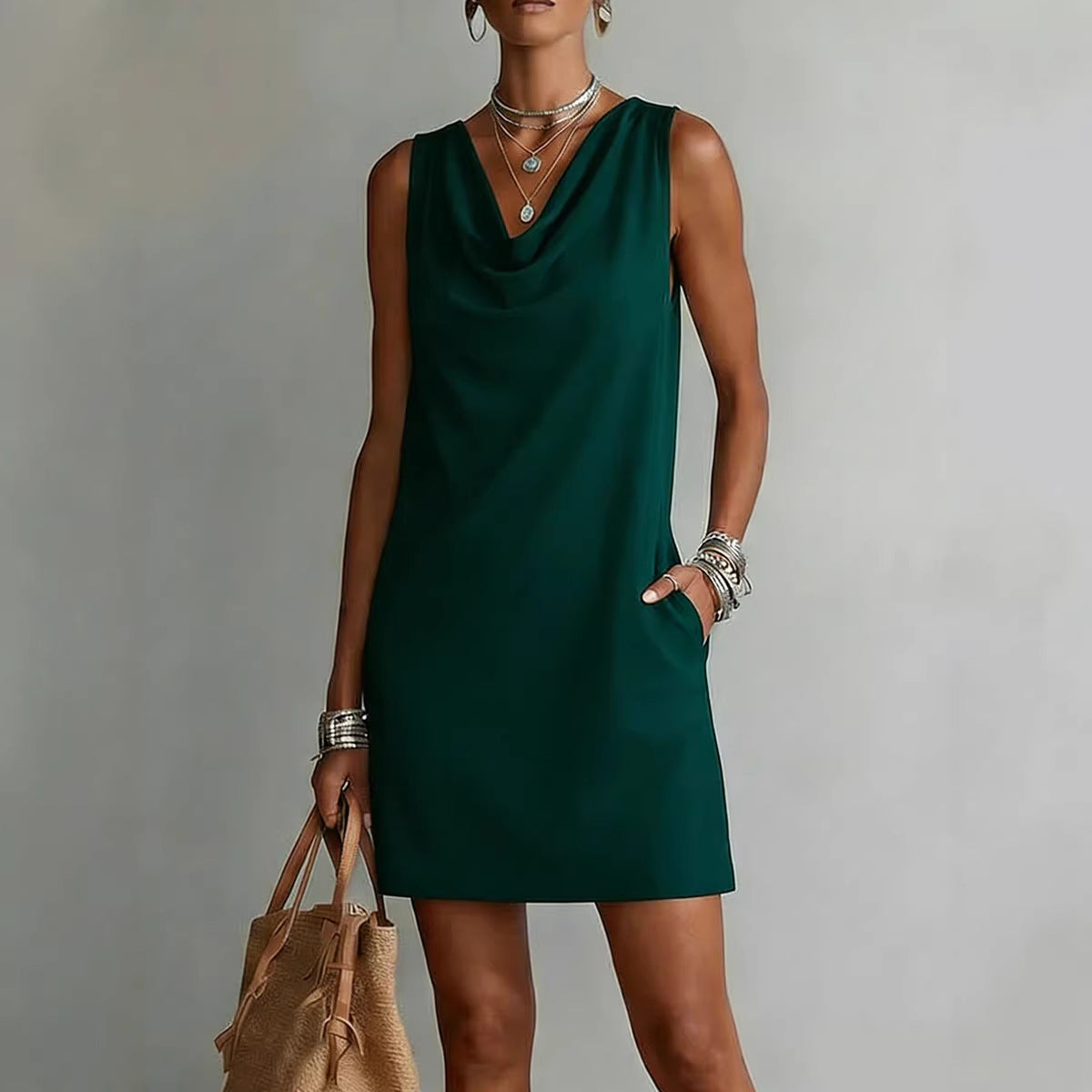 Vestido Mini sin Mangas con Cuello Drapeado y Bolsillos para Mujer-Mini Dress-Casaluzia