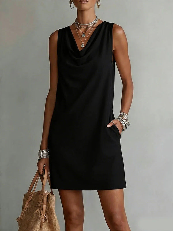 Vestido Mini sin Mangas con Cuello Drapeado y Bolsillos para Mujer-Mini Dress-Casaluzia