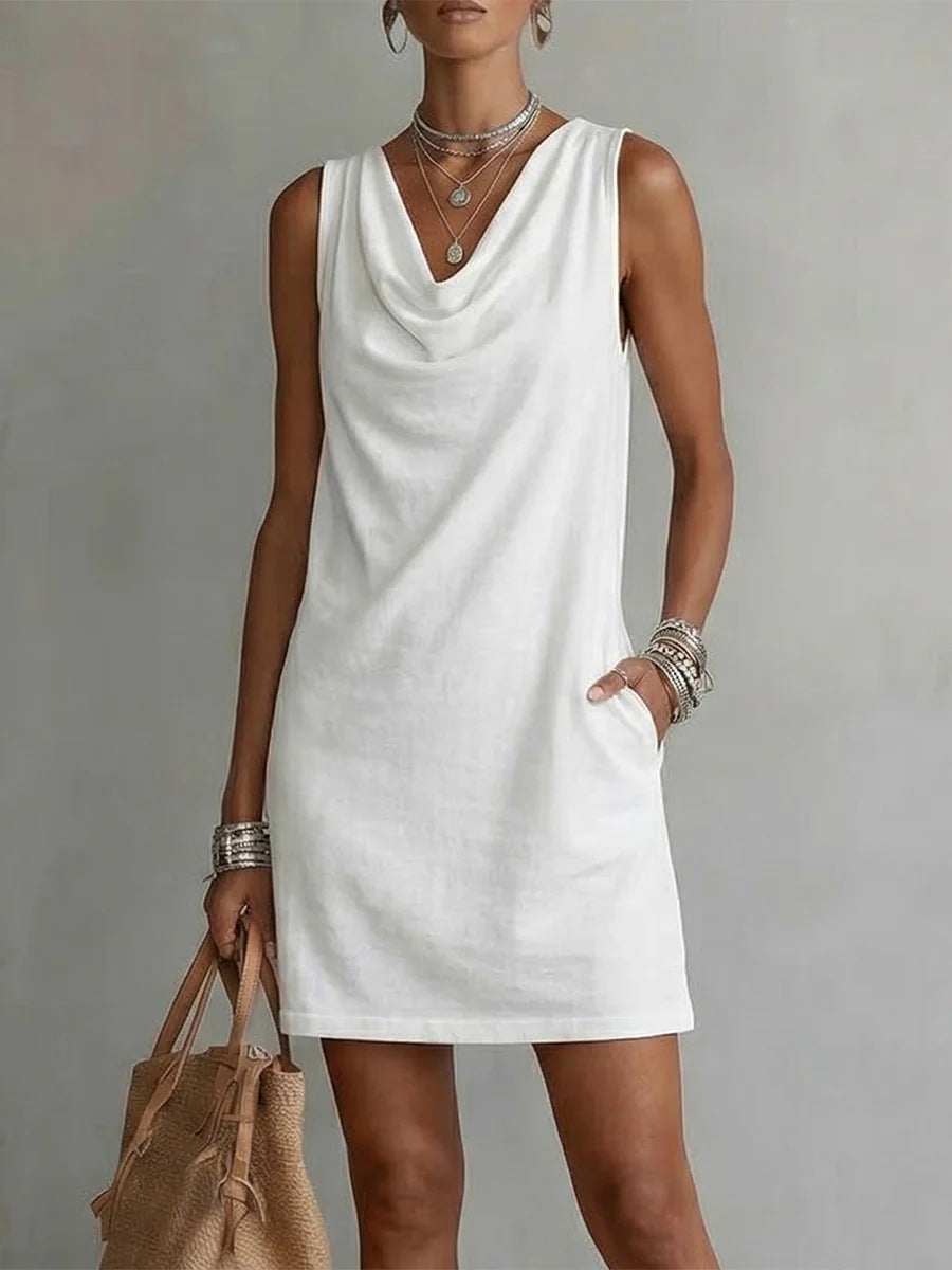Vestido Mini sin Mangas con Cuello Drapeado y Bolsillos para Mujer-Mini Dress-Casaluzia