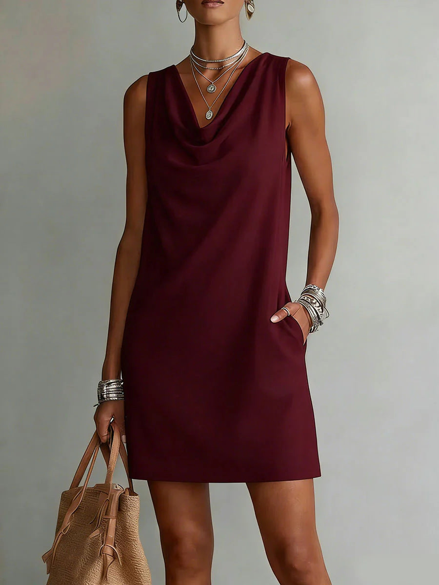 Vestido Mini sin Mangas con Cuello Drapeado y Bolsillos para Mujer-Mini Dress-Casaluzia