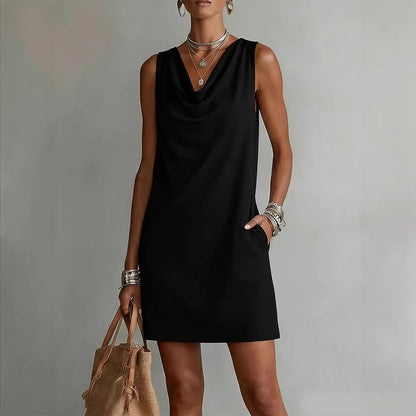 Vestido Mini sin Mangas con Cuello Drapeado y Bolsillos para Mujer-Mini Dress-Casaluzia