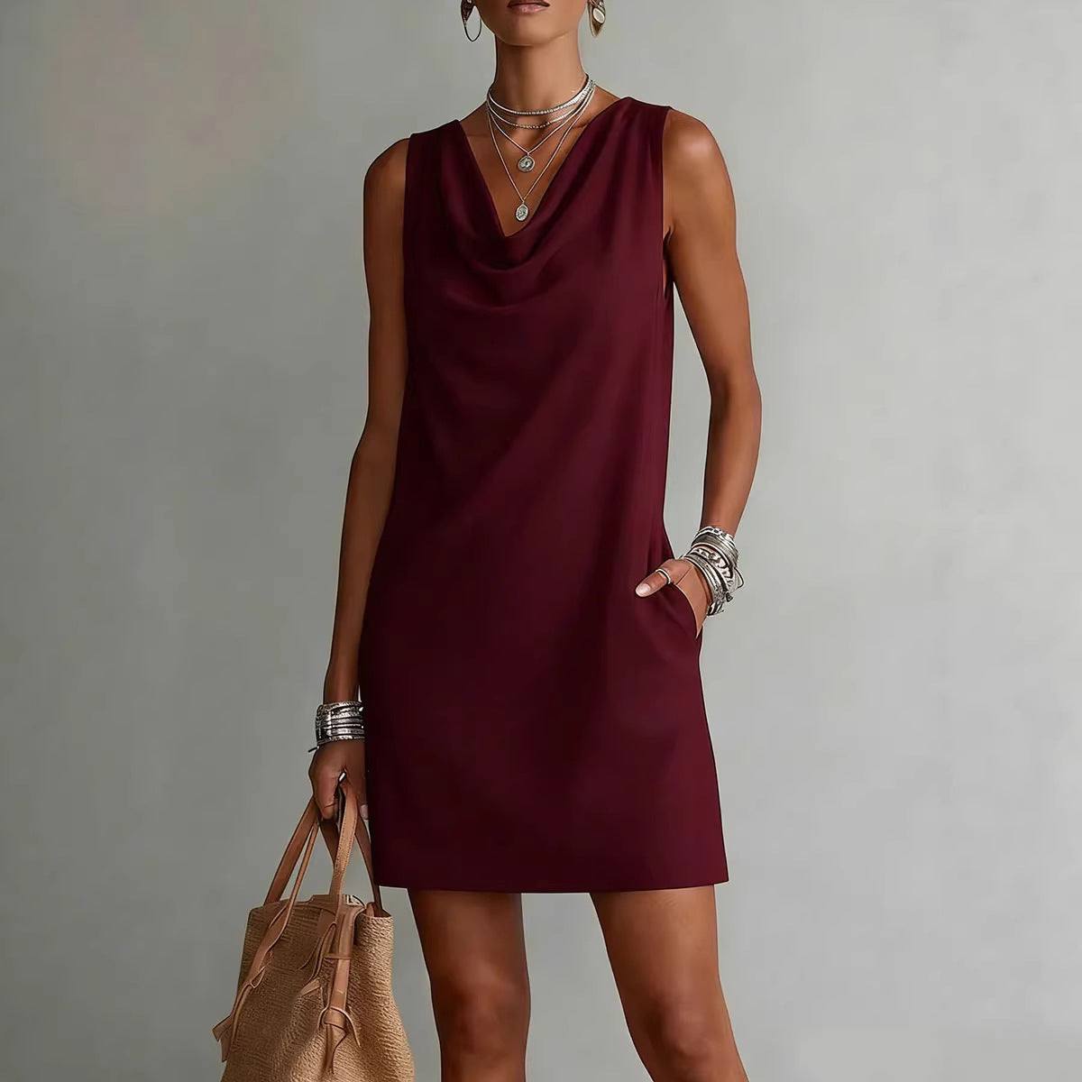 Vestido Mini sin Mangas con Cuello Drapeado y Bolsillos para Mujer-Mini Dress-Casaluzia