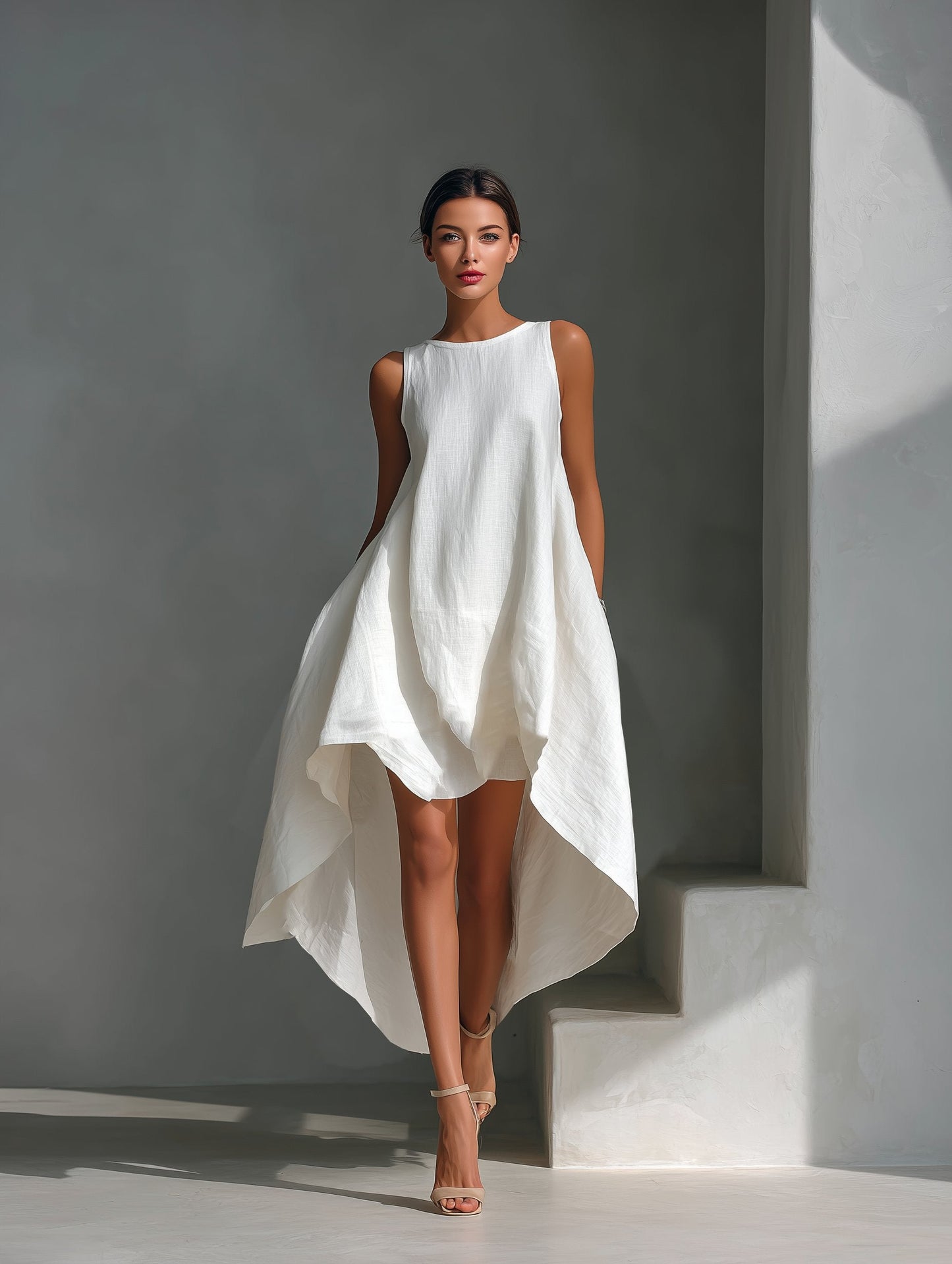 Vestido texturizado sin mangas con bajo asimétrico para mujer-Midi Dress-Casaluzia