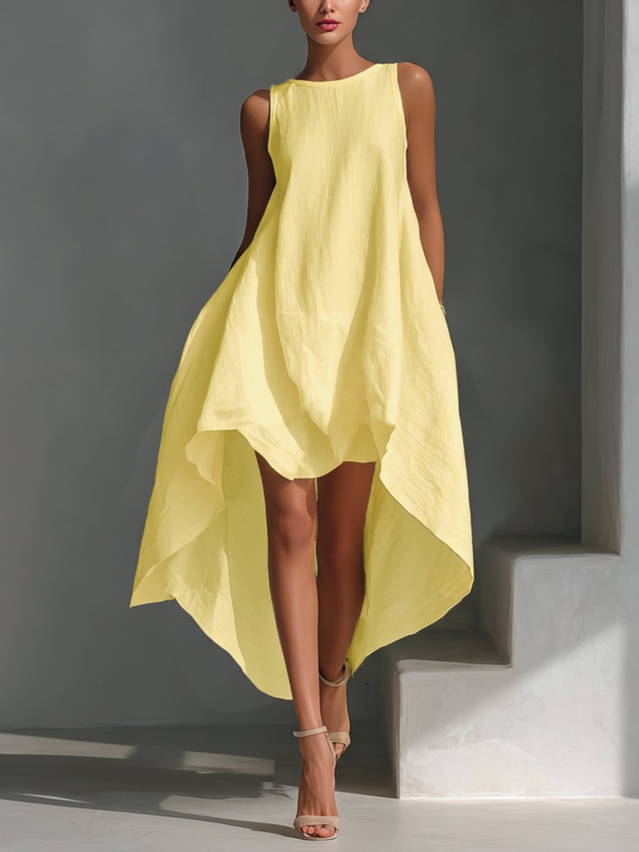 Vestido texturizado sin mangas con bajo asimétrico para mujer-Midi Dress-Casaluzia