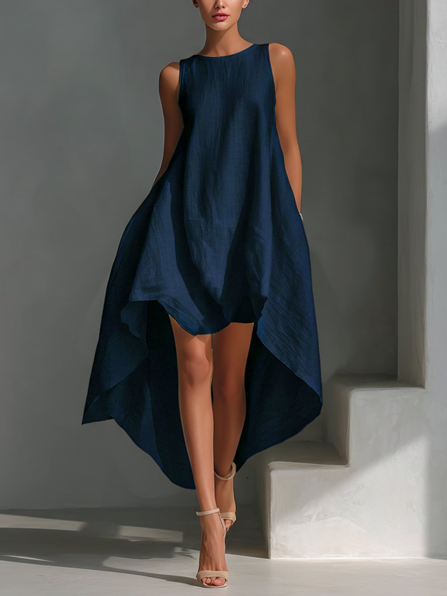 Vestido texturizado sin mangas con bajo asimétrico para mujer-Midi Dress-Casaluzia