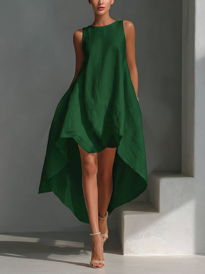 Vestido texturizado sin mangas con bajo asimétrico para mujer-Midi Dress-Casaluzia