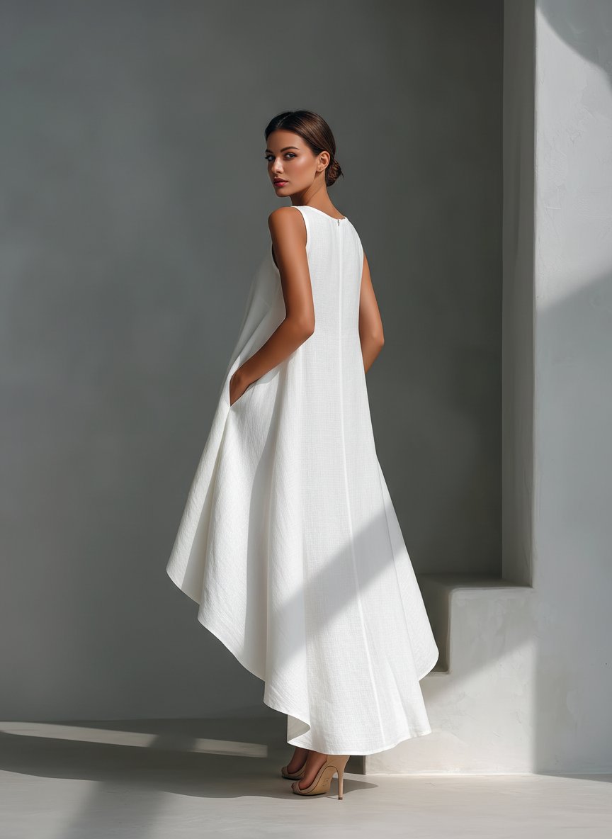 Vestido texturizado sin mangas con bajo asimétrico para mujer-Midi Dress-Casaluzia