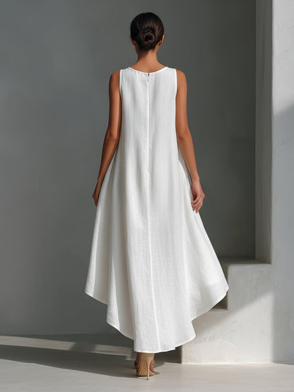 Vestido texturizado sin mangas con bajo asimétrico para mujer-Midi Dress-Casaluzia