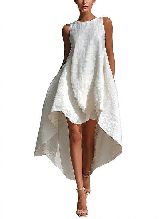 Vestido texturizado sin mangas con bajo asimétrico para mujer-Midi Dress-Casaluzia