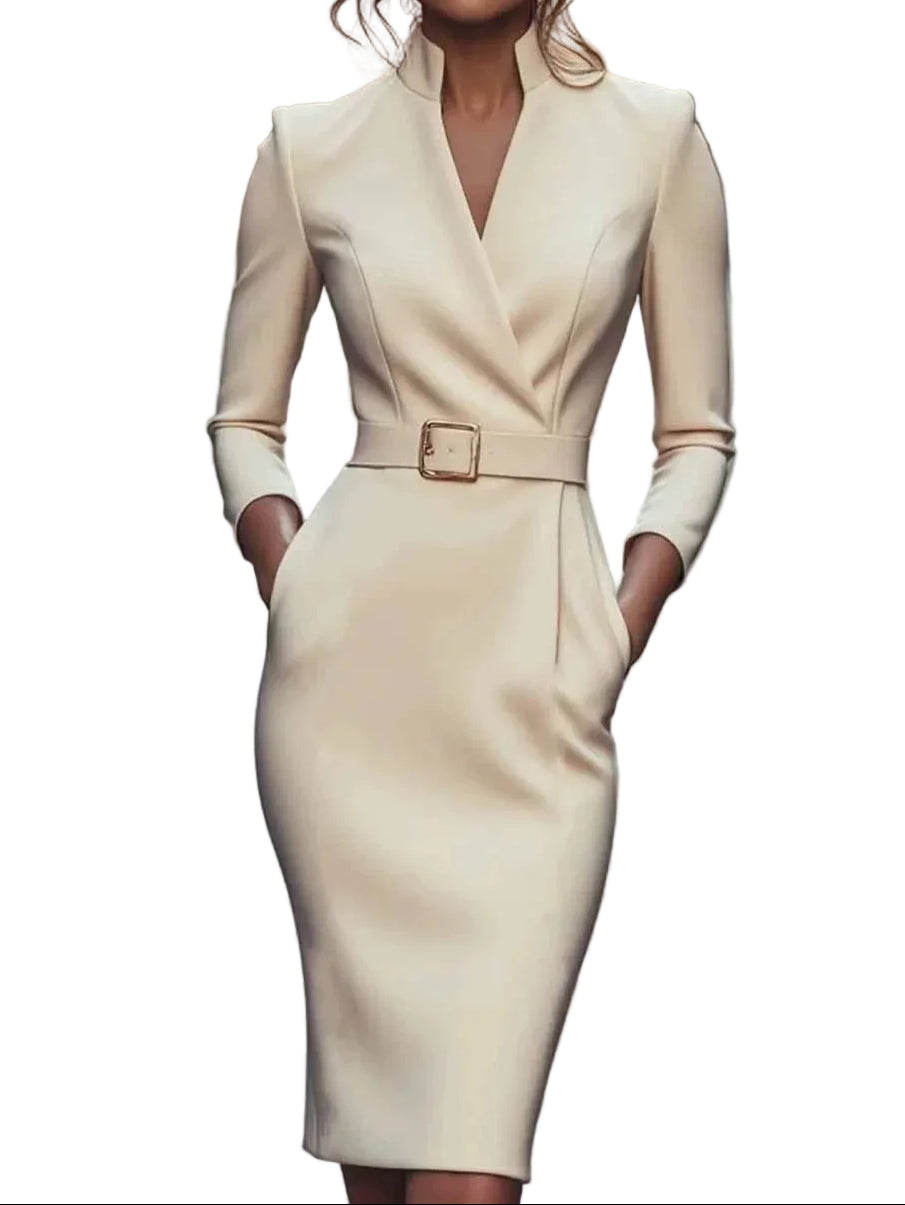 Vestido tipo tubo para mujer con escote en V y cinturón-Midi Dress-Casaluzia
