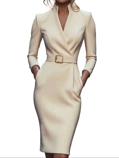 Vestido tipo tubo para mujer con escote en V y cinturón-Midi Dress-Casaluzia
